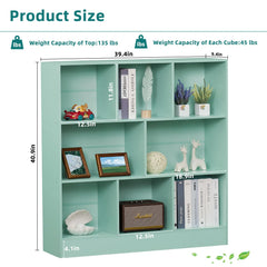 8 Cube Bookshelf with Base, 3 Tier Modern Mint - Green Bookcase, Standing Wide Bookshelves Storage Organizer Toy Shelf, Wood Display Children'S Book Shelves for Bedroom, Living Room, Nursery