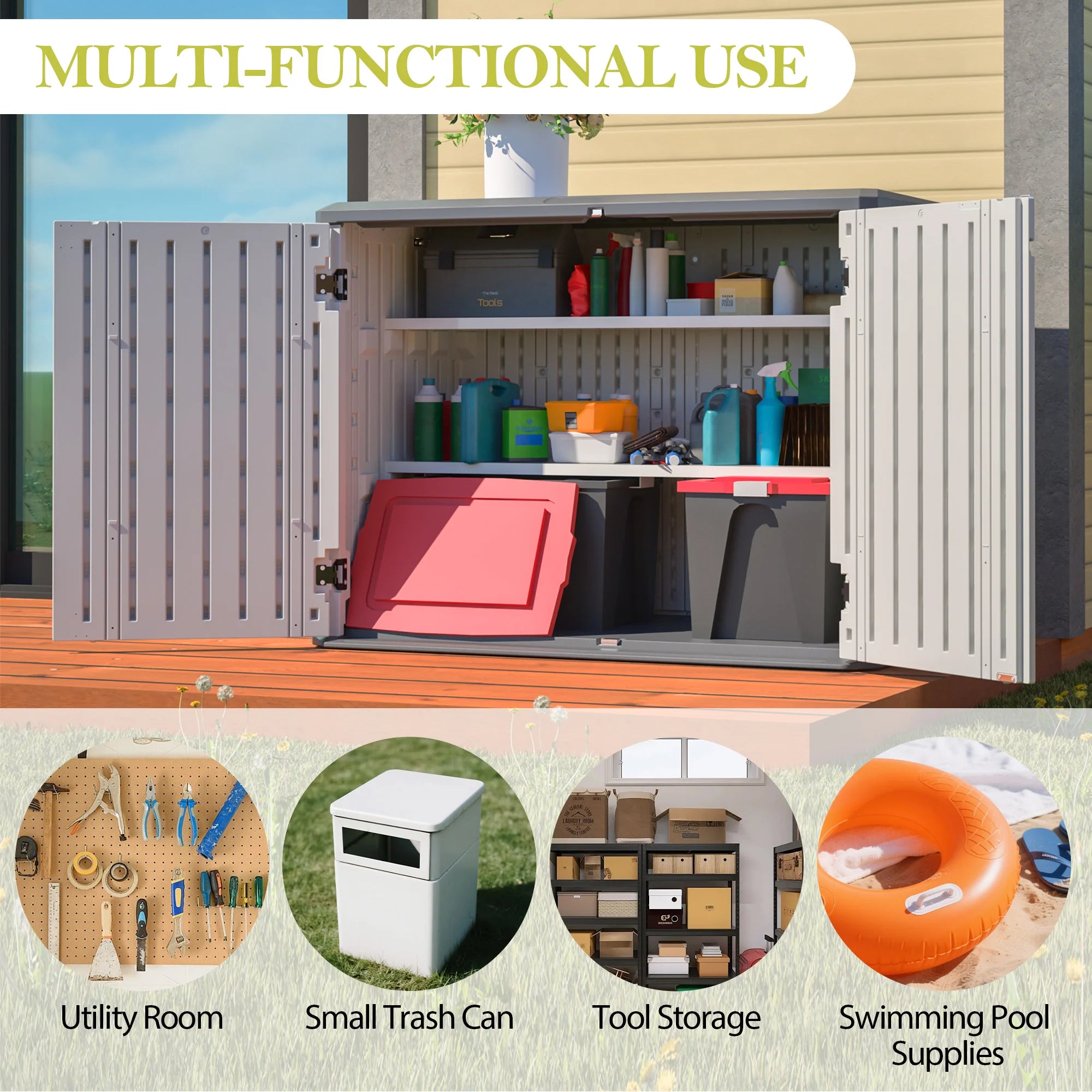 AECOJOY Horizontal Storage Shed with Removable Shelf, Lockable Outdoor Storage Cabinet – 28 Cu.ft, Ivory White