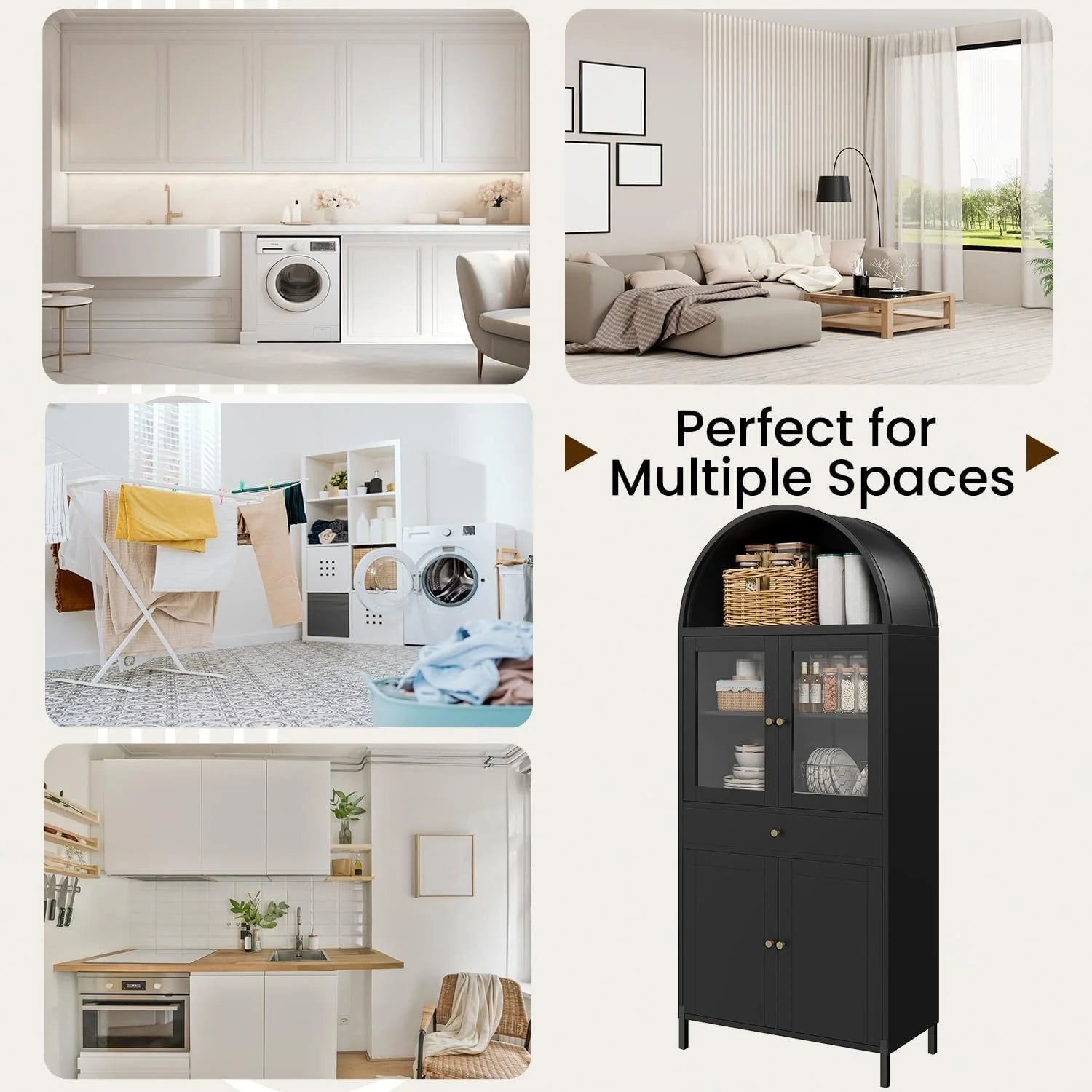 AECOJOY 73'' Kitchen Pantry, Metal Arched Storage Cabinet with Glass Doors/Adjustable Shelfs/Drawer