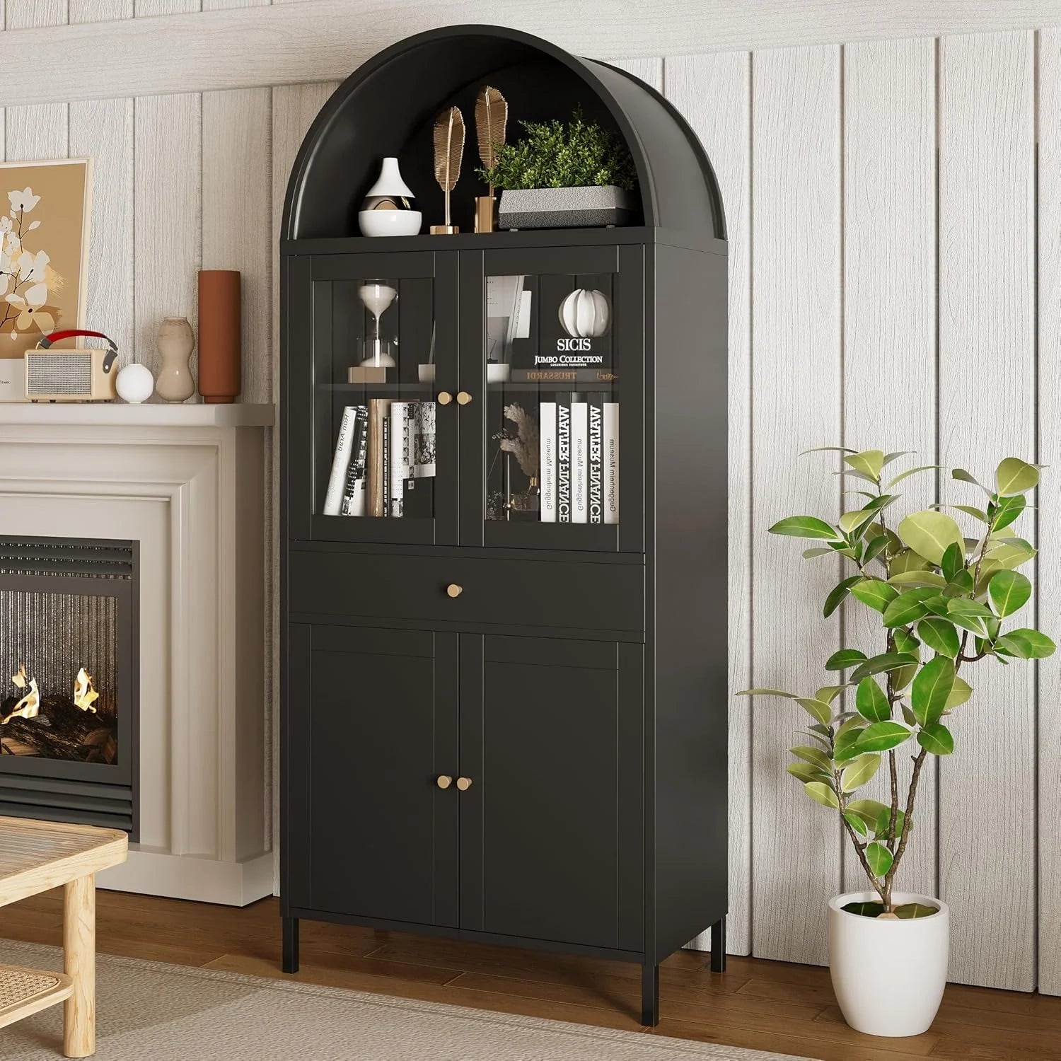 AECOJOY 73'' Kitchen Pantry, Metal Arched Storage Cabinet with Glass Doors/Adjustable Shelfs/Drawer