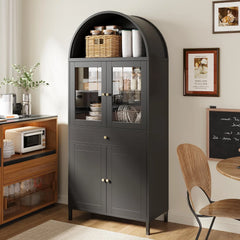AECOJOY 73'' Kitchen Pantry, Metal Arched Storage Cabinet with Glass Doors/Adjustable Shelfs/Drawer
