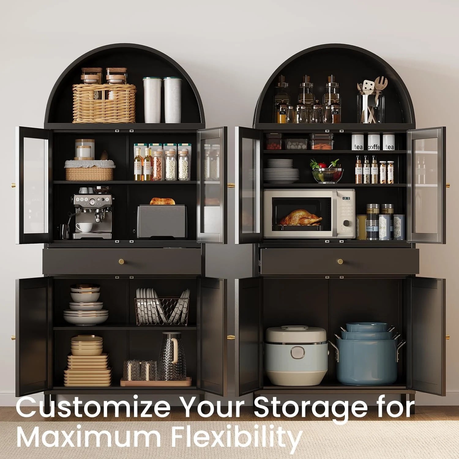 AECOJOY 73'' Kitchen Pantry, Metal Arched Storage Cabinet with Glass Doors/Adjustable Shelfs/Drawer