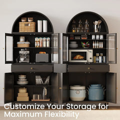 AECOJOY 73'' Kitchen Pantry, Metal Arched Storage Cabinet with Glass Doors/Adjustable Shelfs/Drawer