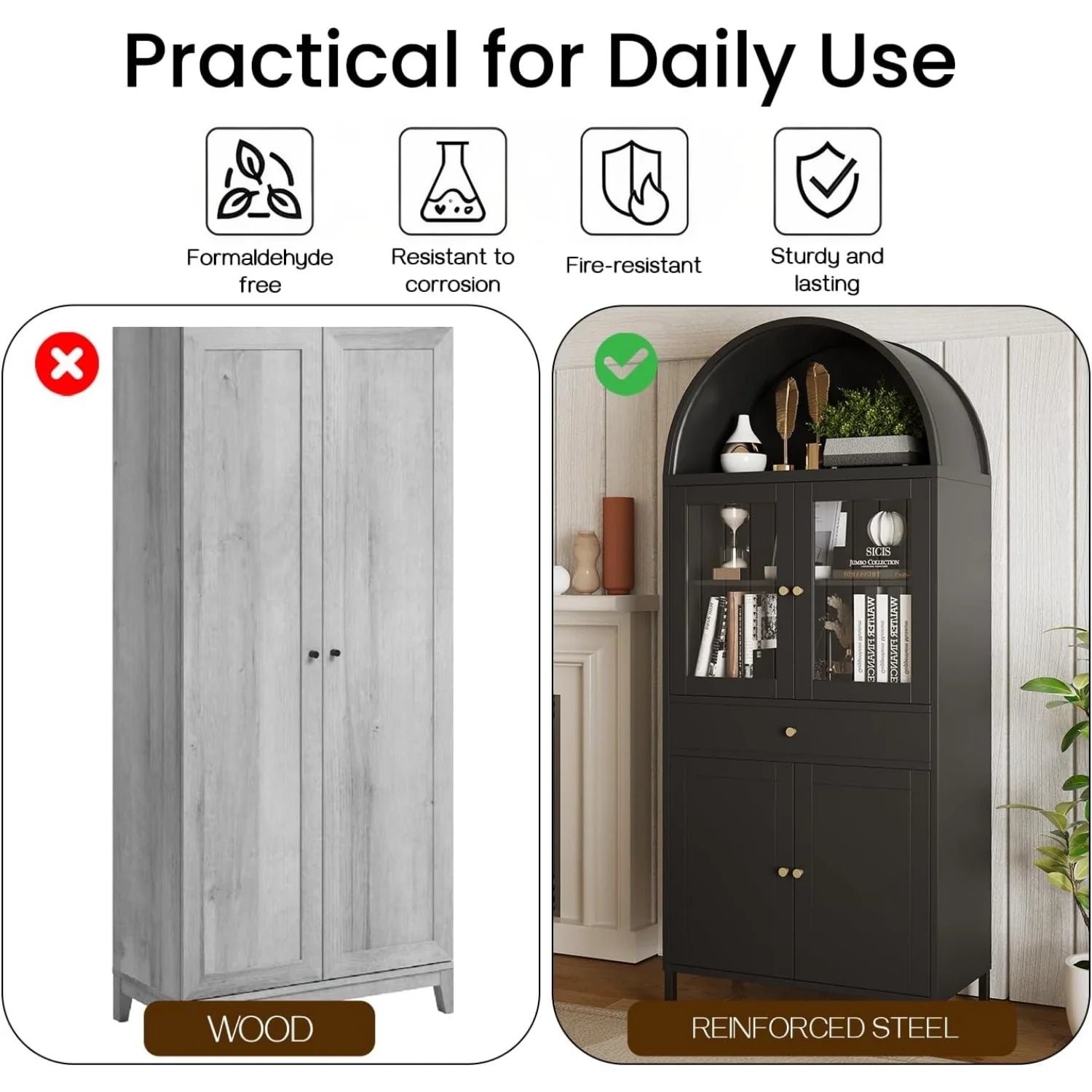AECOJOY 73'' Kitchen Pantry, Metal Arched Storage Cabinet with Glass Doors/Adjustable Shelfs/Drawer