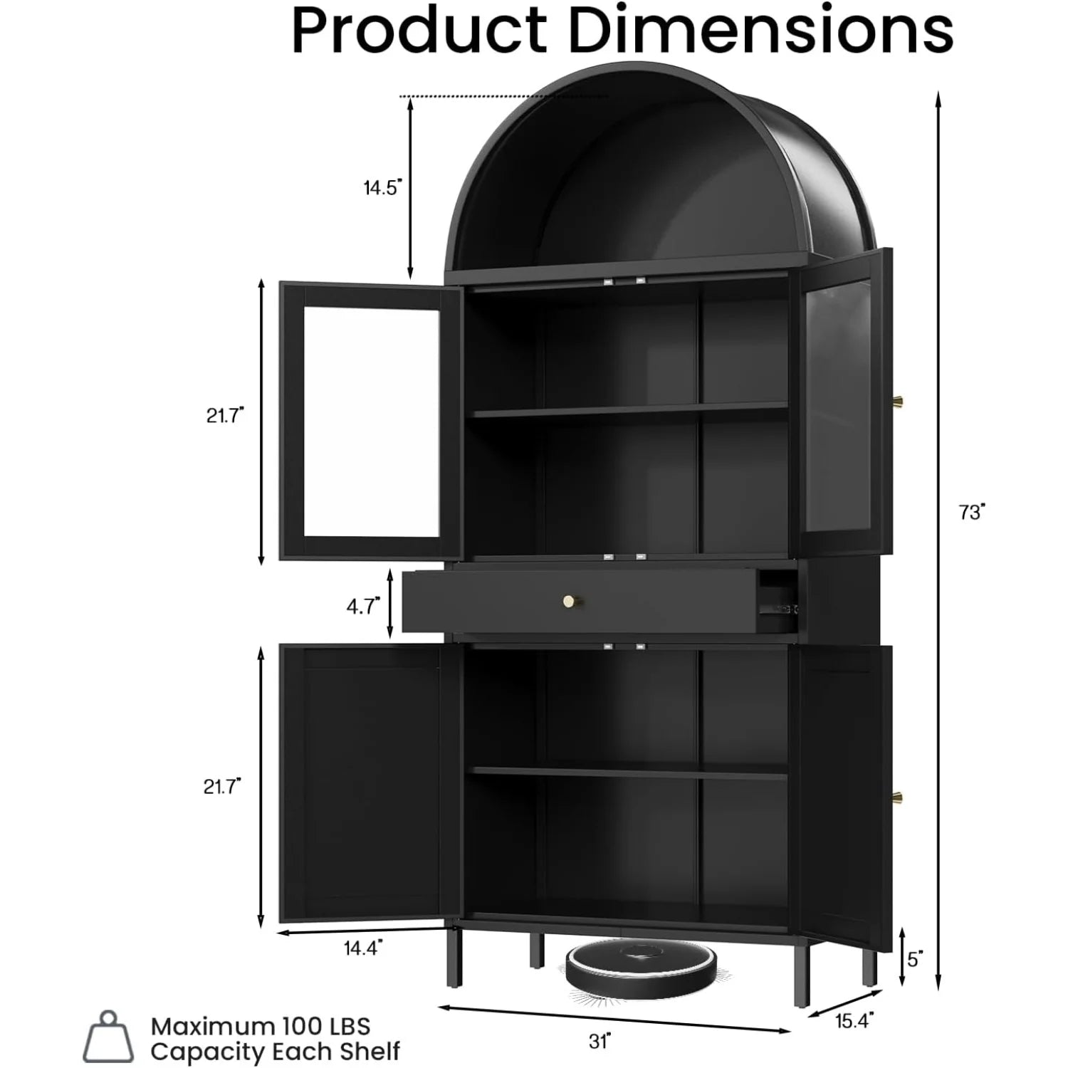 AECOJOY 73'' Kitchen Pantry, Metal Arched Storage Cabinet with Glass Doors/Adjustable Shelfs/Drawer