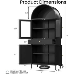 AECOJOY 73'' Kitchen Pantry, Metal Arched Storage Cabinet with Glass Doors/Adjustable Shelfs/Drawer