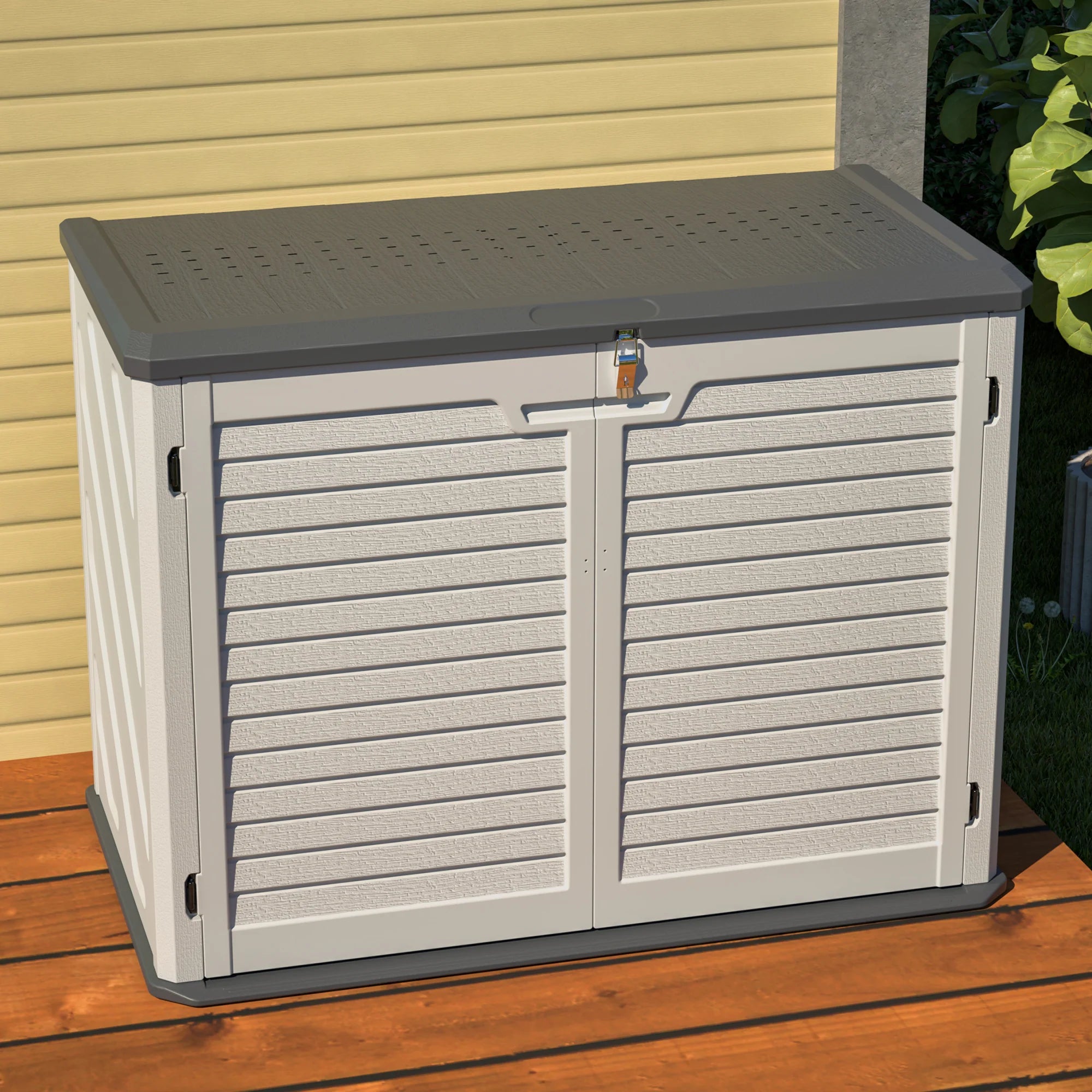AECOJOY Horizontal Storage Shed with Removable Shelf, Lockable Outdoor Storage Cabinet – 28 Cu.ft, Ivory White