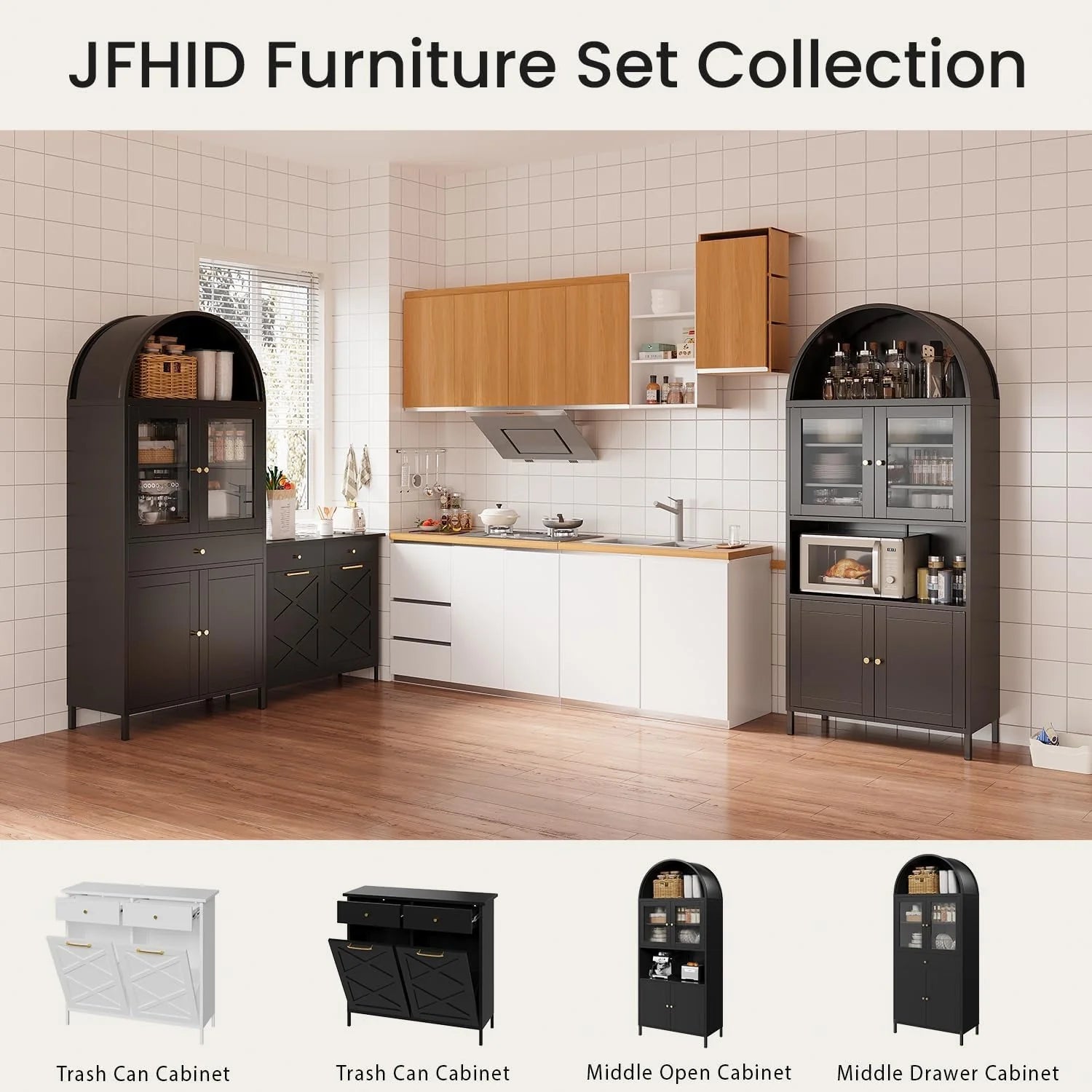 AECOJOY 73'' Kitchen Pantry, Metal Arched Storage Cabinet with Glass Doors/Adjustable Shelfs/Drawer